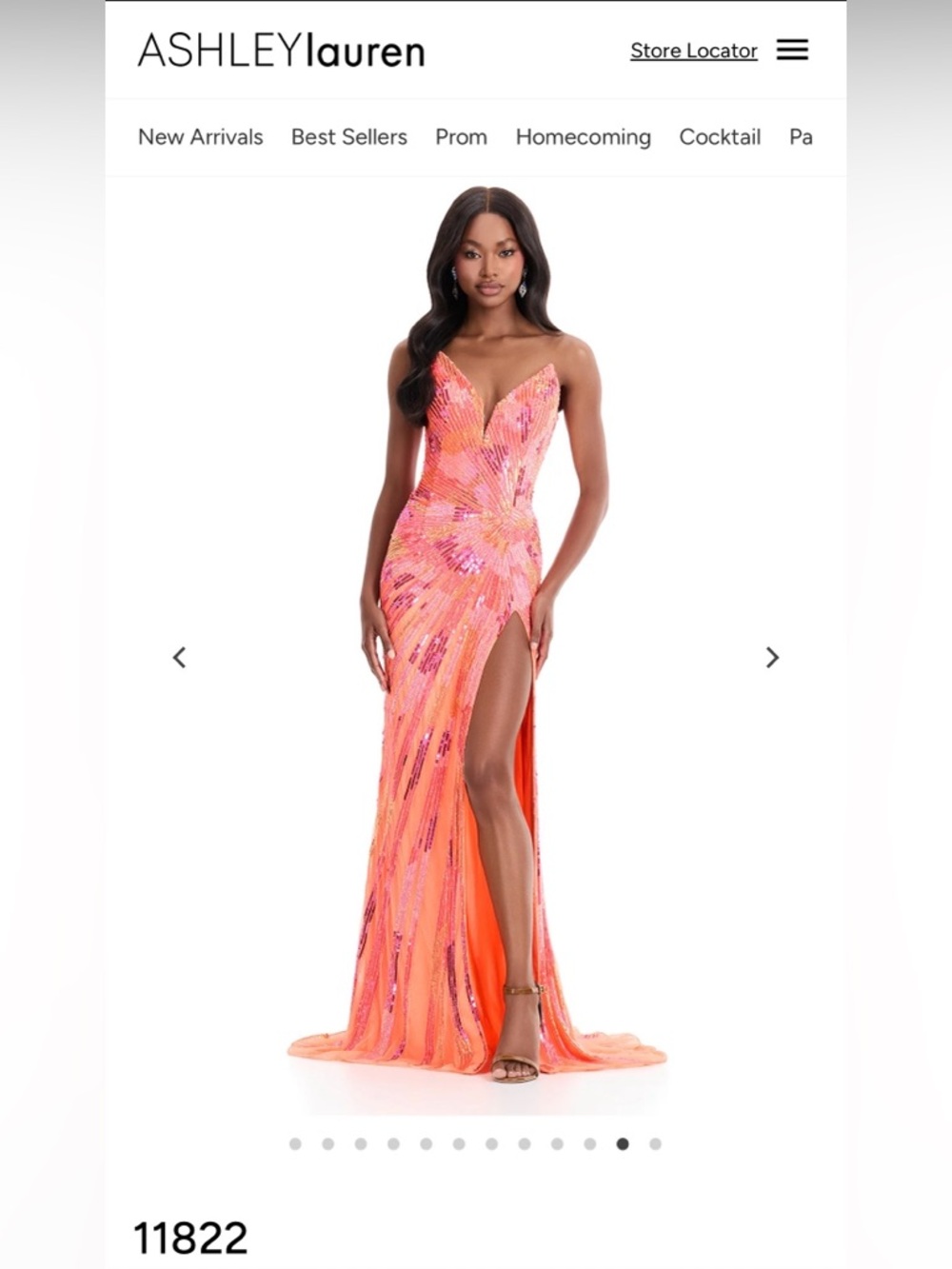 AshleyLauren Orange Pink Sequin Strapless High-Slit Gown